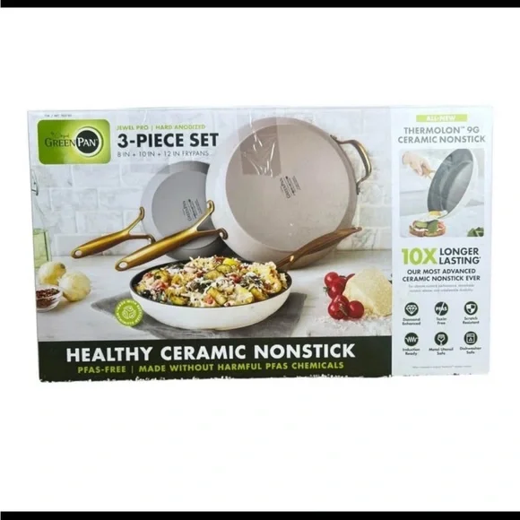 GreenPan Jewel Pro 3-Piece Frypan Set –‎ 8”, 10”, 12” – Gold Handle
