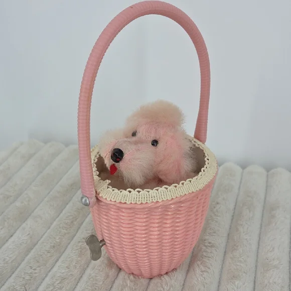 Vintage Japanese Pink Poodle In A Basket Windup Toy
