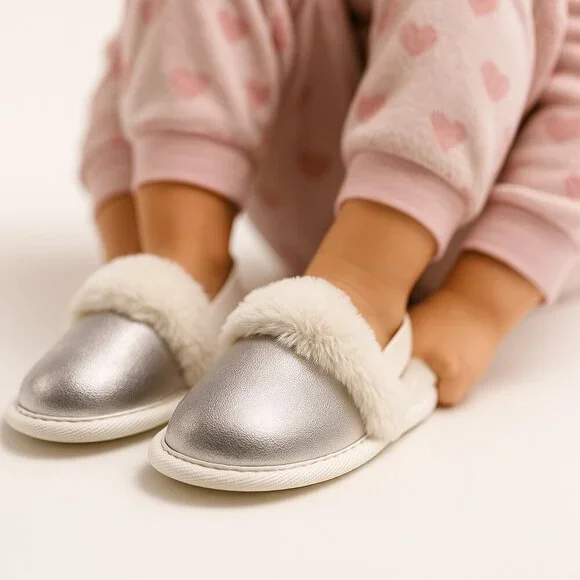 Cat & Jack Scuff Slipper Faux Fur Trim Silver Metallic W/Heel Strap Sz L 9/10