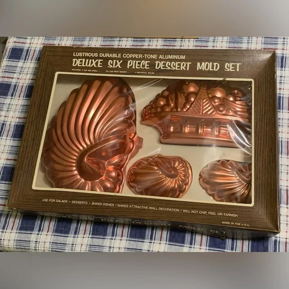 Vintage Molds 6 Piece Coppertone Dessert original box, Aluminum, Baking, Salad