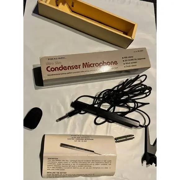 Condenser Microphone Realistic Ultra Slim 33-2011 600 ohms Desk Stand Org Box