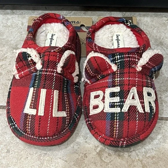 Dearfoams LIL BEAR Slippers Size 11-12 Blue White Red Plaid Child's Kid's‎ NEW