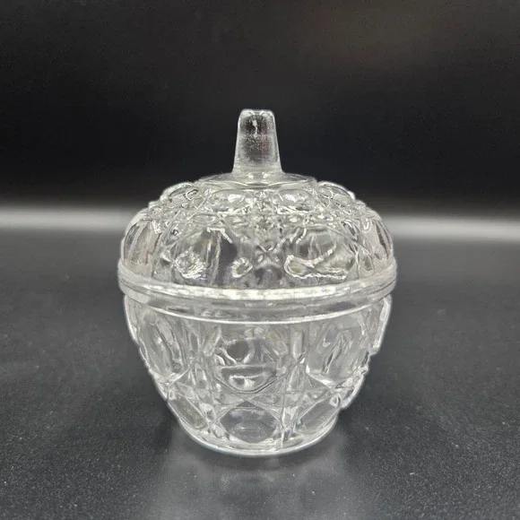 VTG MCM Cut Crystal Glass Lidded Sugar/Condiment‎ Jar Apple Elegant Cottagecore