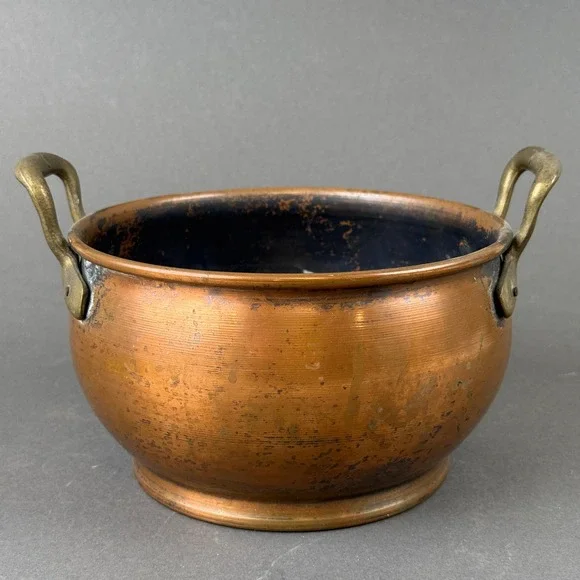 Copper Pot Cauldron Solid with Brass Handles 7