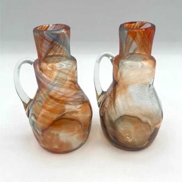 Hand Blown Art Glass Cruet with Applied Handle, Swirl Design,‎ Set of 2