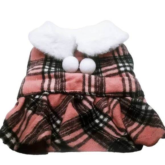 Yikeyo Soft Fleece Fabric Pink Plaid Winter Harness Sweater Dress D Ring Leash