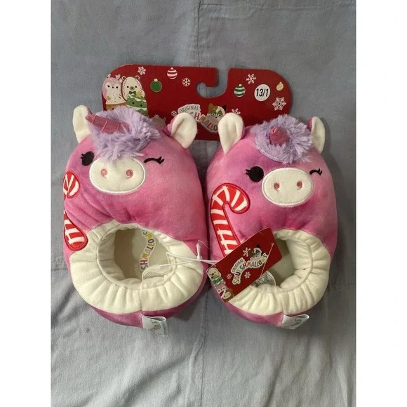 NEW Squishmallow Christmas Lola the‎ Unicorn w/ Candy Cane Kids Slippers Sz 13/1