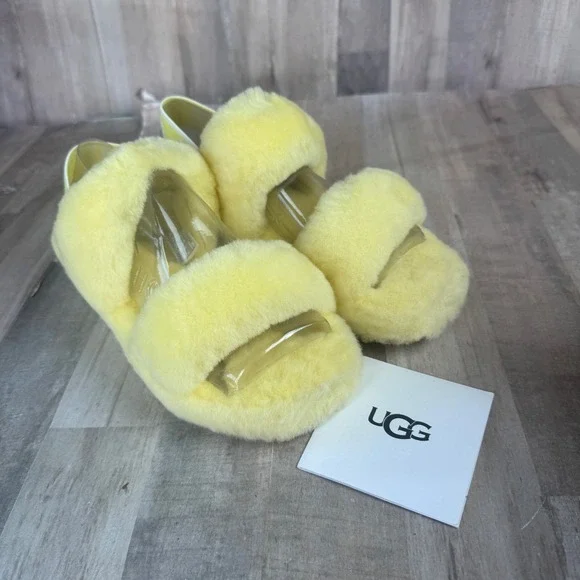 NEW UGG OH Yeah Youth 5 Yellow Slippers Real Lamb Fur NO BOX