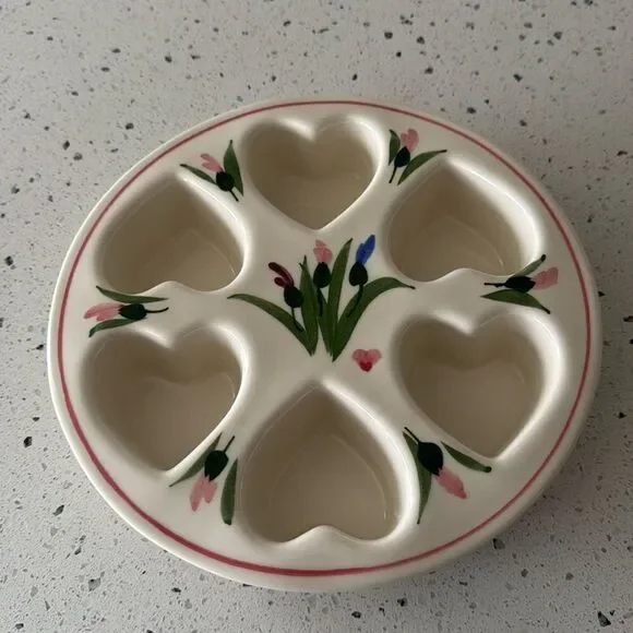 CLAY DESIGN VINTAGE 90s Pottery Hearts Cupcake Pan Hand Painted Irises EUC