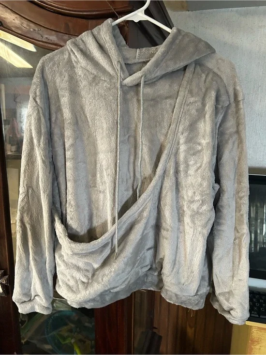 Cozy Plush Hooded Sweatshirt with Built-In Sling Pocket - Light Gray