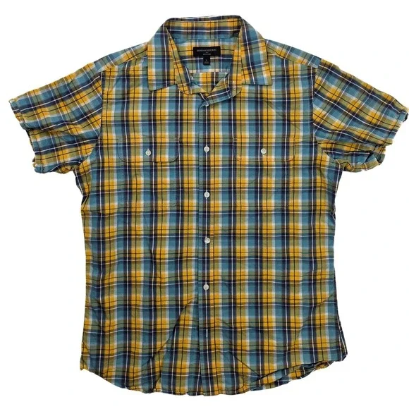 Banana Republic Soft Wash Yellow Blue Plaid Chest Pocket S/S‎ Shirt Men's Size L