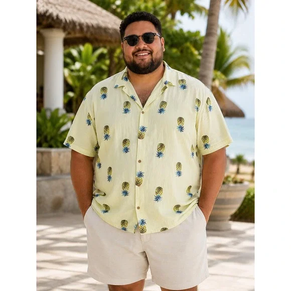 Banana Republic Mens XXL Pineapple Print Hawaiian Camp Shirt Resort Vacation
