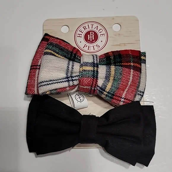 Pet Bow Ties - Red, Cream, Black Plaid Bow Tie and Black‎ Bow Tie - set 2