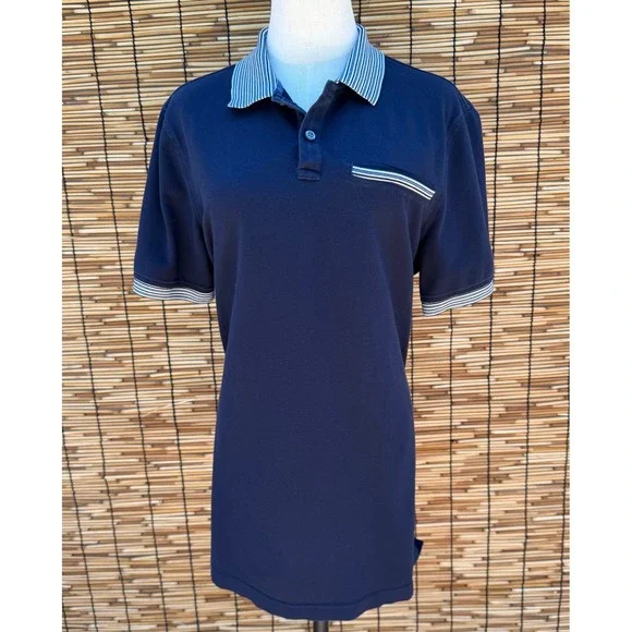 Banana Republic Mens Large Tall Navy Blue Striped Collar Pique Polo Shirt L T