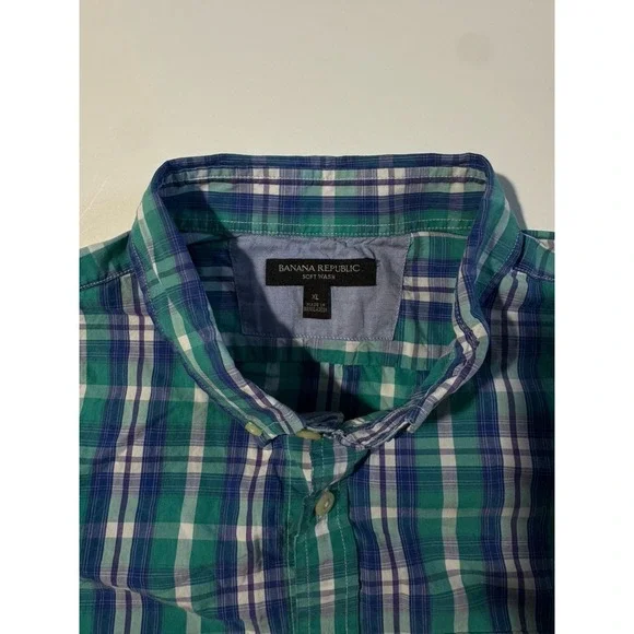 Banana Republic Soft‎ Wash Dress Shirt Mens Green Blue Teal Plaid Fall 13