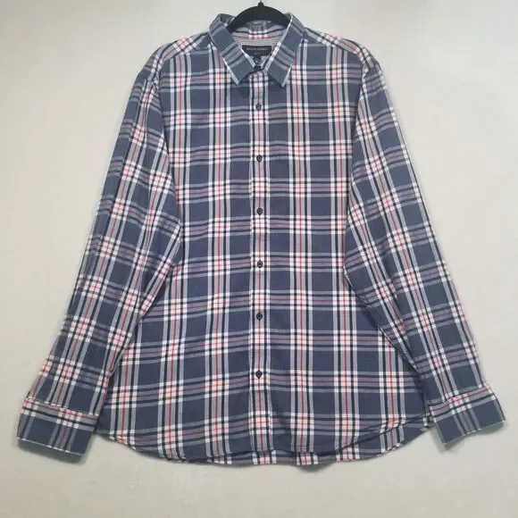 Banana Republic Men XL Shirt Slim Fit Button Front 100% Cotton Blue Plaid Preppy