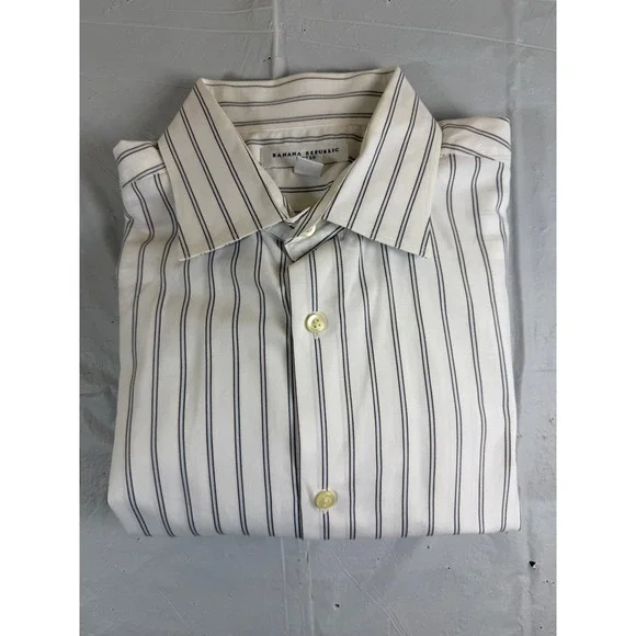Banana Republic Mens Fitted Striped Dress Shirt White Blue Brown 100% Cotton L