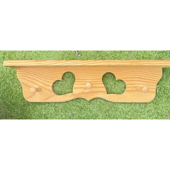 Vintage Cottagecore Solid Wood Wall Shelf Rack 3 Hooks 2 Heart Shaped Decor 22