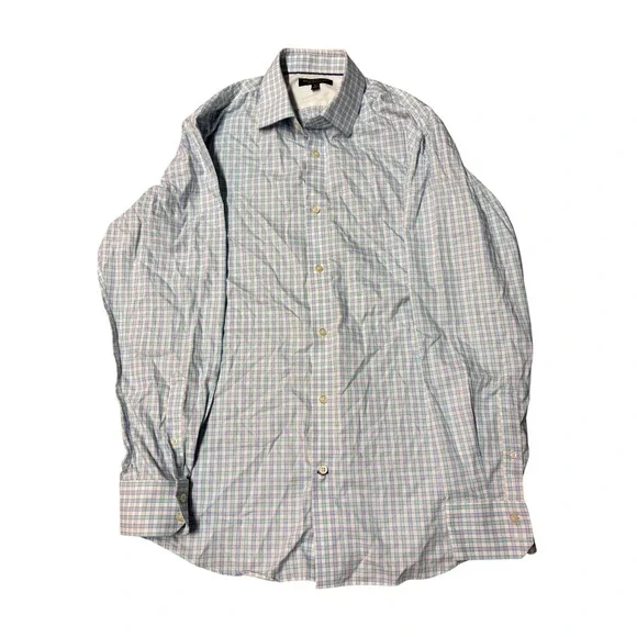 Banana Republic Mens Non-Iron Slim Fit Plaid Button Down Shirt Blue White Large