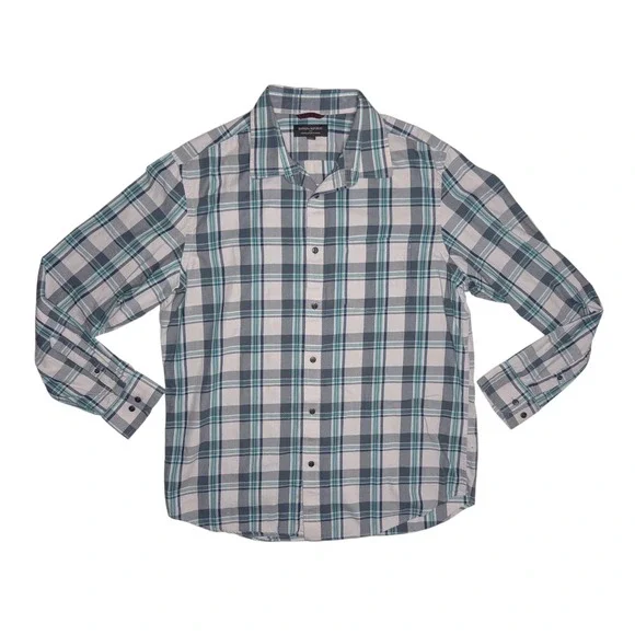 Banana Republic Men's Large Lightweight Flannel Shirt White Gray Blue Plaid‎