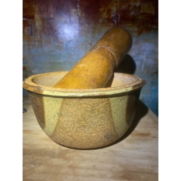 Vintage Studio Pottery Ceramic Mortar and Wood Pestle Set Tan Brown Rustic 6in