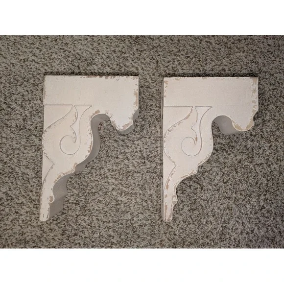 Pair of Distressed White Scroll Vintage inspired‎ Corbels Shelf Brackets