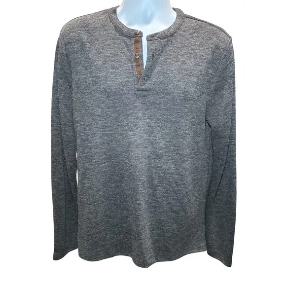 Banana Republic Men's Henley Sweater L Heather Gray Suede Trim Long Sleeve