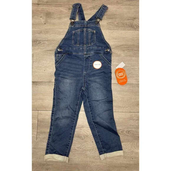 Wonder Nation Denim Overalls Kids 4T Adjustable Straps Blue Jeans New