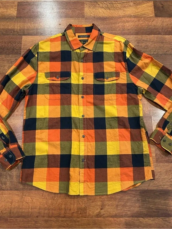 Banana Republic Ultra-Soft Flannel Untucked Slim Fit Orange Plaid Size Large