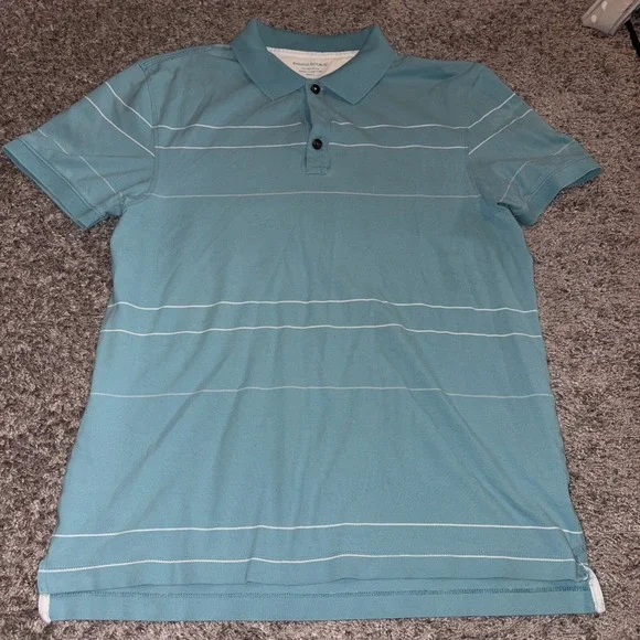 Banana Republic Polo Shirt Mens Size L Blue/White‎ Striped Short Sleeve Fitted