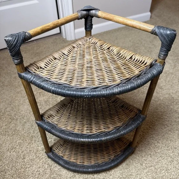 Vintage Wicker Rattan Corner Shelf 3 Tier Display Stand Coastal Boho 19