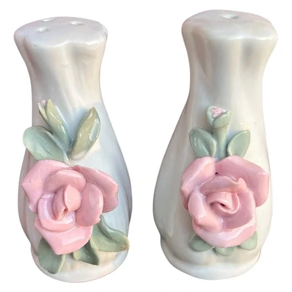 Salt‎ and Pepper Shakers Home Decor 3D Rose Floral White Pink Small