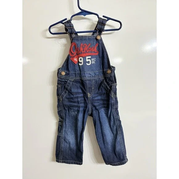 Oshkosh B'Gosh 12M Baby Boy Blue‎ Denim Overalls Red White Logo