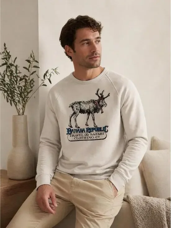Banana Republic Men’s Sz L Lightweight Moose Crewneck Sweatshirt Cream