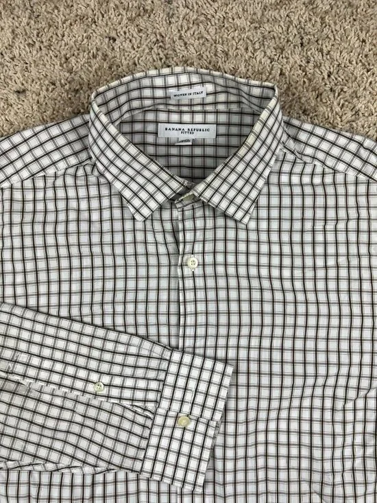 Banana Republic Men's Woven In Italy Plaid Shirt Beige Tan Size Large 16/16.5