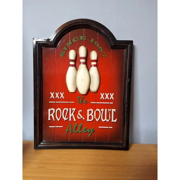 Vintage Retro-Style 3D The Rock & Roll Bowl Alley Wooden Wall Plaque. 16
