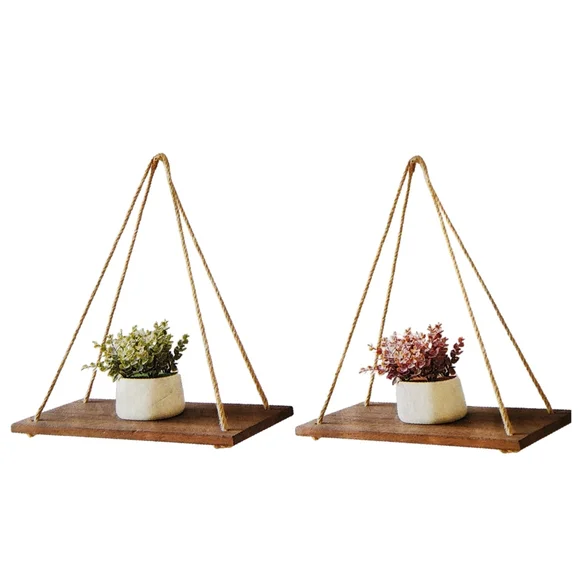 Set of Two Distressed Wood Hanging Swing Rope‎ Floating Shelves 17x8x18in