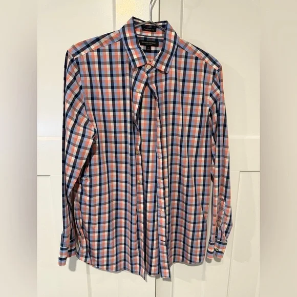 Banana Republic Men's Blue and Orange Plaid Non-Iron Shirt