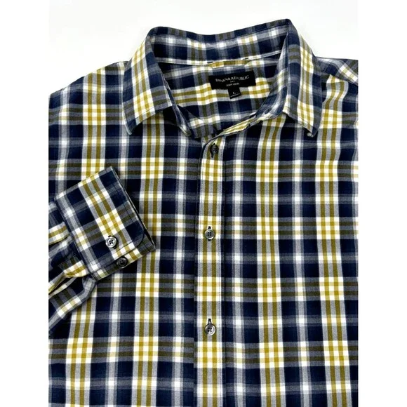 Banana Republic Blue Gold‎ Plaid Long Sleeve Button-Up Cotton Shirt Mens L