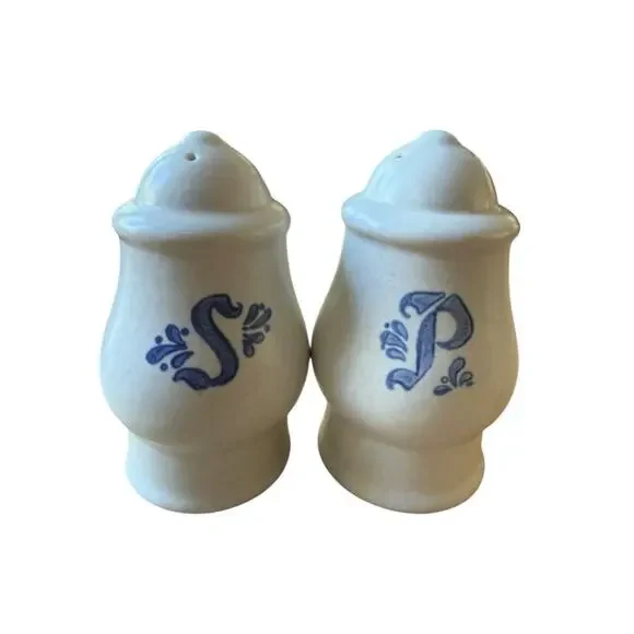 Vintage Stoneware Salt & Pepper Shakers Blue Monogram S P Farmhouse