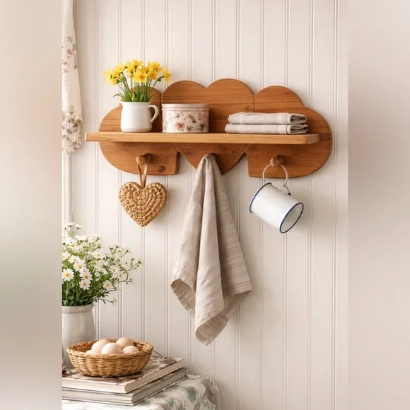Vintage Solid Wooden Heart Shelf with 3 Peg Hooks 21” Beautiful Piece