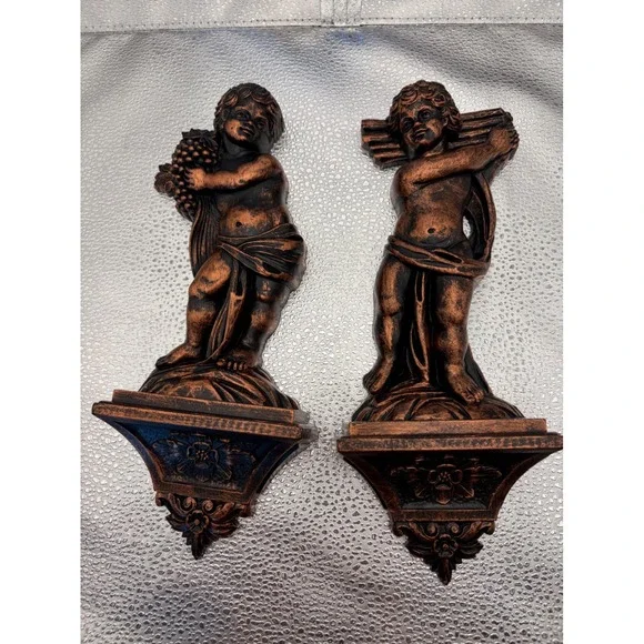 Vintage Coppercraft Guild Cherub Wall Shelves Pair Copper Faux Resin Corbel 7149
