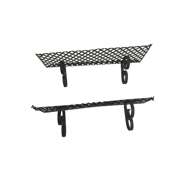 Vintage Black Wrought Iron Lattice Wall Shelves Pair Quatrefoil Scroll Brackets