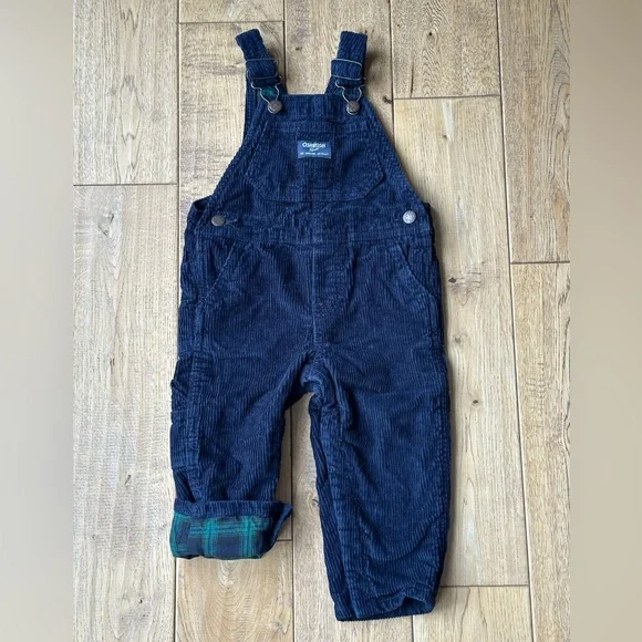 OshKosh B’gosh Navy Blue Corduroy Plaid Lined Overalls size 18 Months