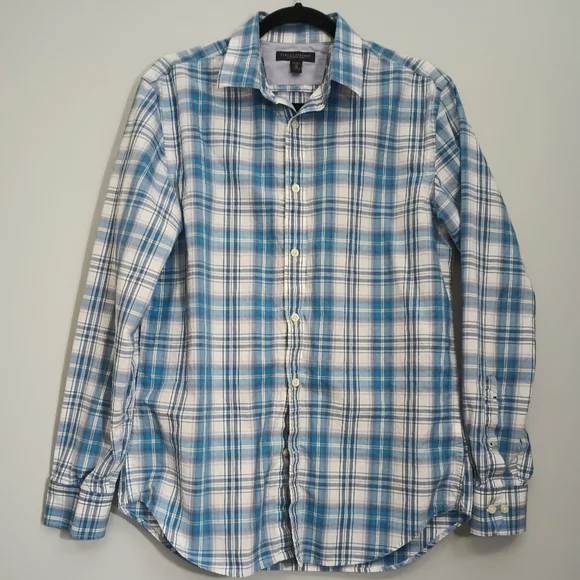 Men's Banana Republic Blue and White Plaid Shirt M 15-15 1/2