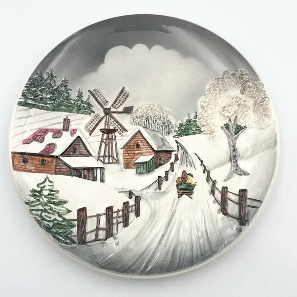 Vintage 1978 West Germany 3D Relief Winter Village Windmill Wall Plate‎ 9.25