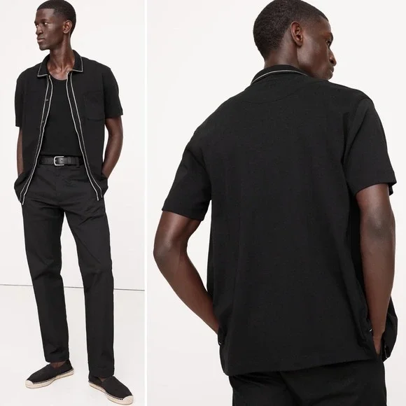 NWT Banana Republic Luxury Touch Shirt XXL TALL Black Tan Cotton‎ Polo Collar