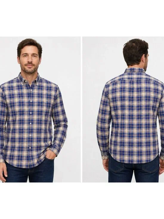 Banana Republic XL Slim Fit Plaid Shirt Blue Tan Untucked 17-17.5x36 NWT