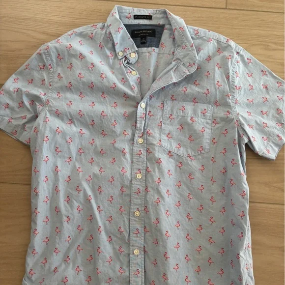 Banana Republic Light Gray Shirt with Pink Flamingo Print