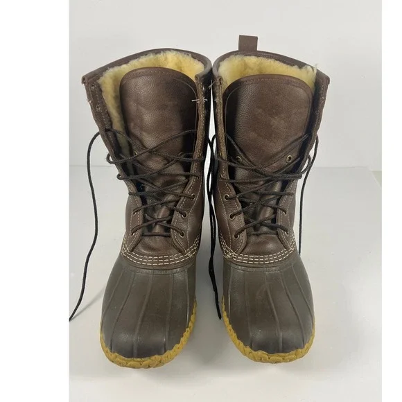 LL Bean Shearling Lined Bean Boots Mens 10M Brown Leather Duck Boots 1003580 USA